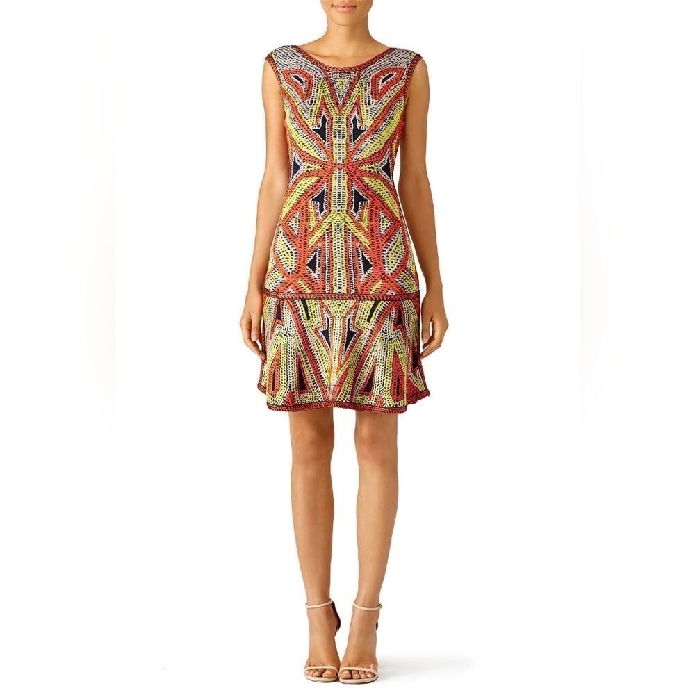 Herve Leger Danika Geometric‎ Ruffle Hem Fitted Drop Waist Knit Mini Dress Small